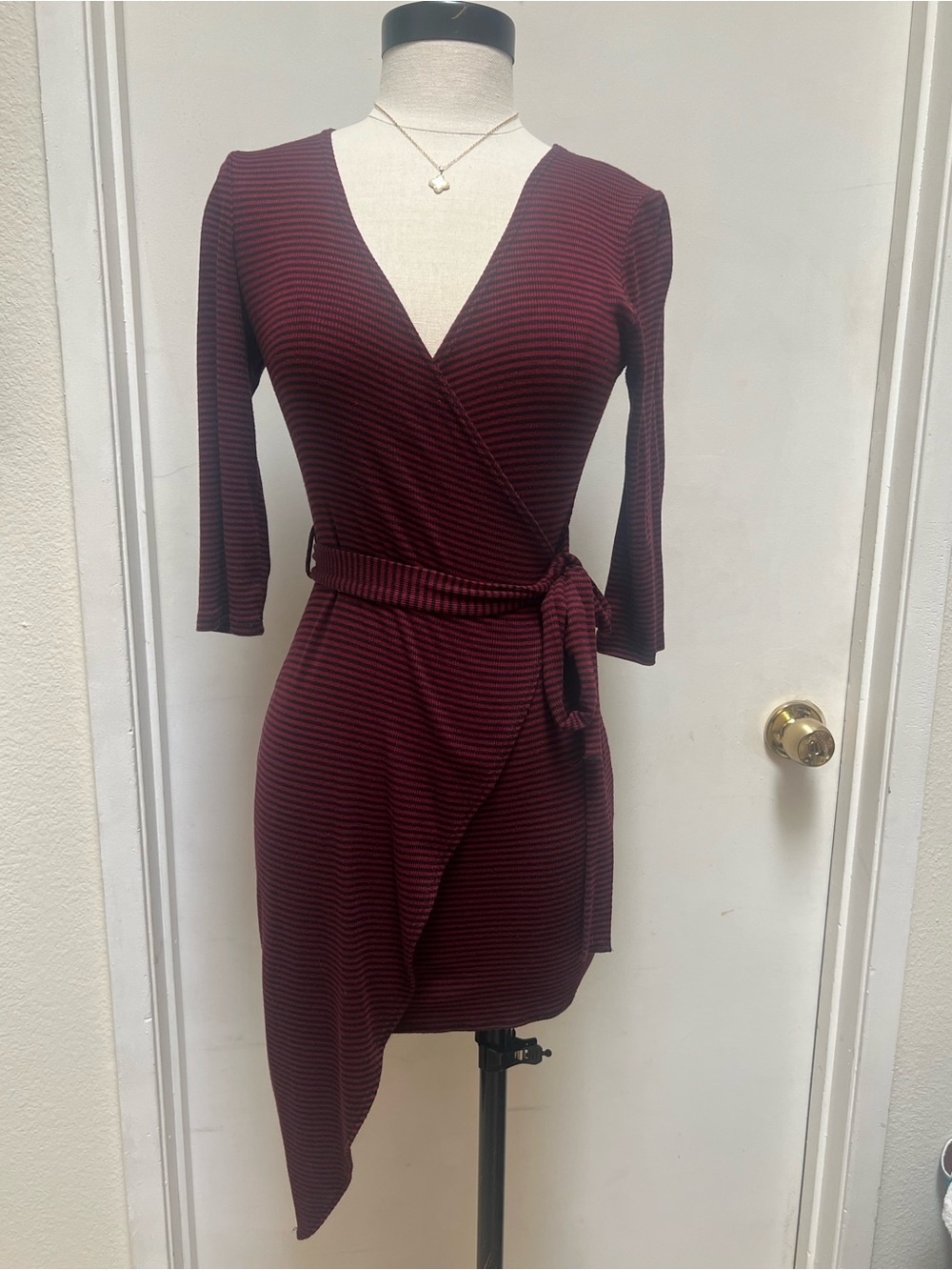 Women’s Burgundy Striped Wrap Dress with Waist Tie